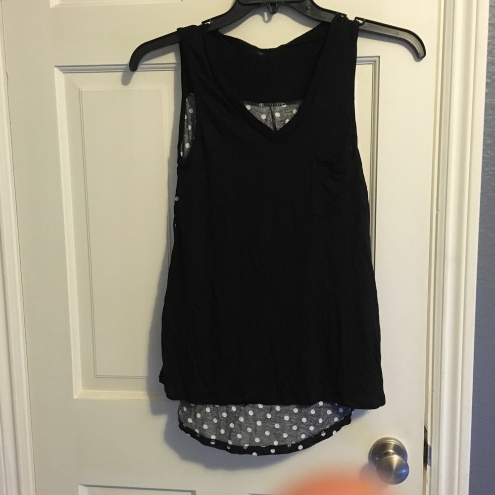Black front, polka dot back sleeveless blouse